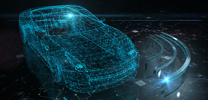 A 3D wireframe model of a sleek, futuristic car, illuminated with blue light. The car is partially transparent, revealing its intricate internal structure.