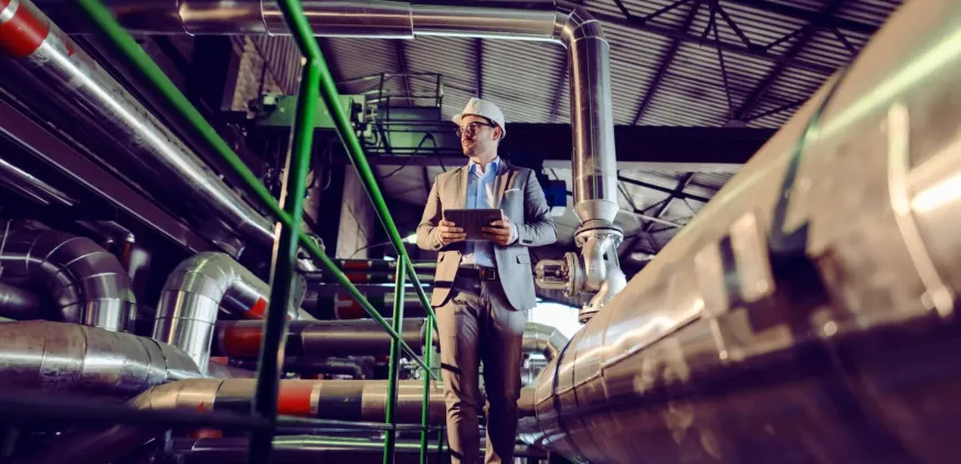 Sustainable process engineering student checking pipes